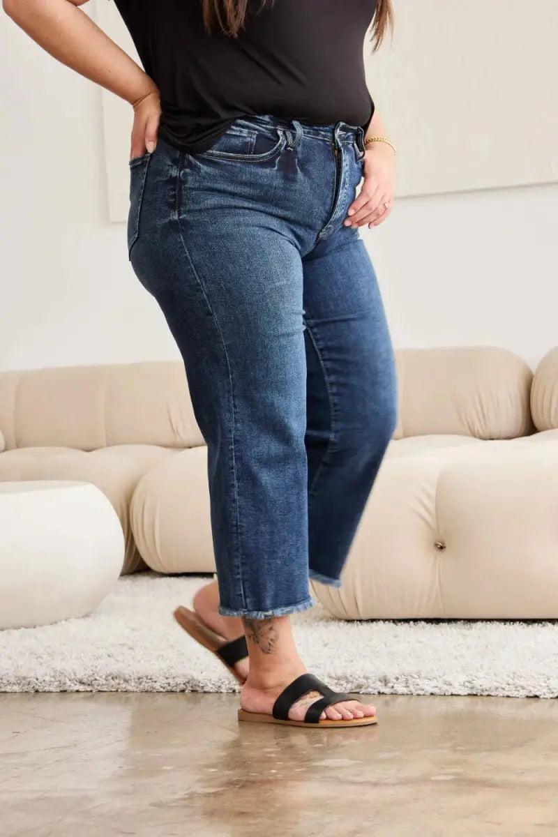 RFM Full Size Tummy Control High Waist Raw Hem Jeans - Love Salve